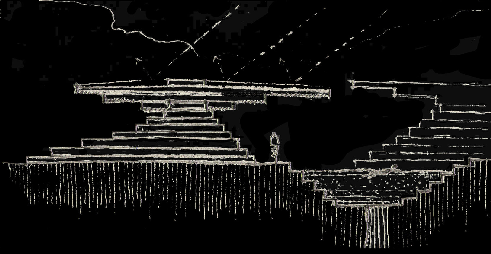 Concept sketch of the stepped mastaba terraces in section, a figure standing at the centre