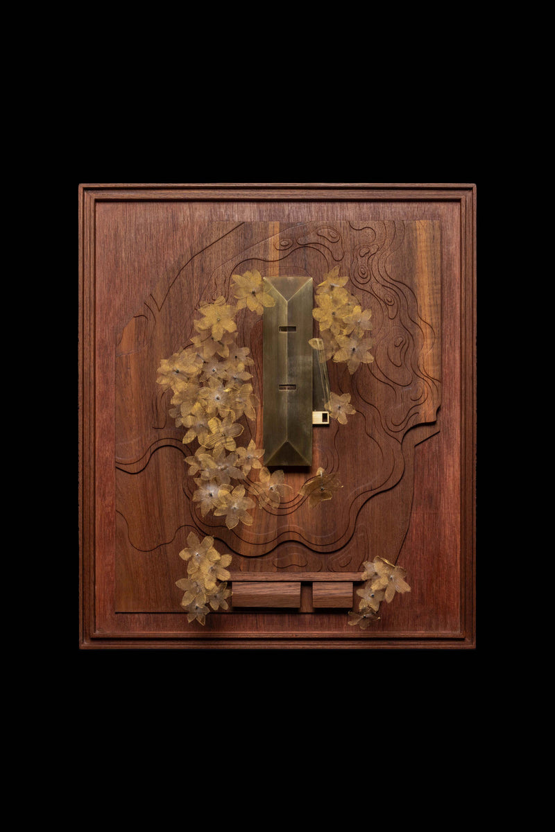 Wall-mounted study model, a brass volume set in a carved timber landscape with resin foliage