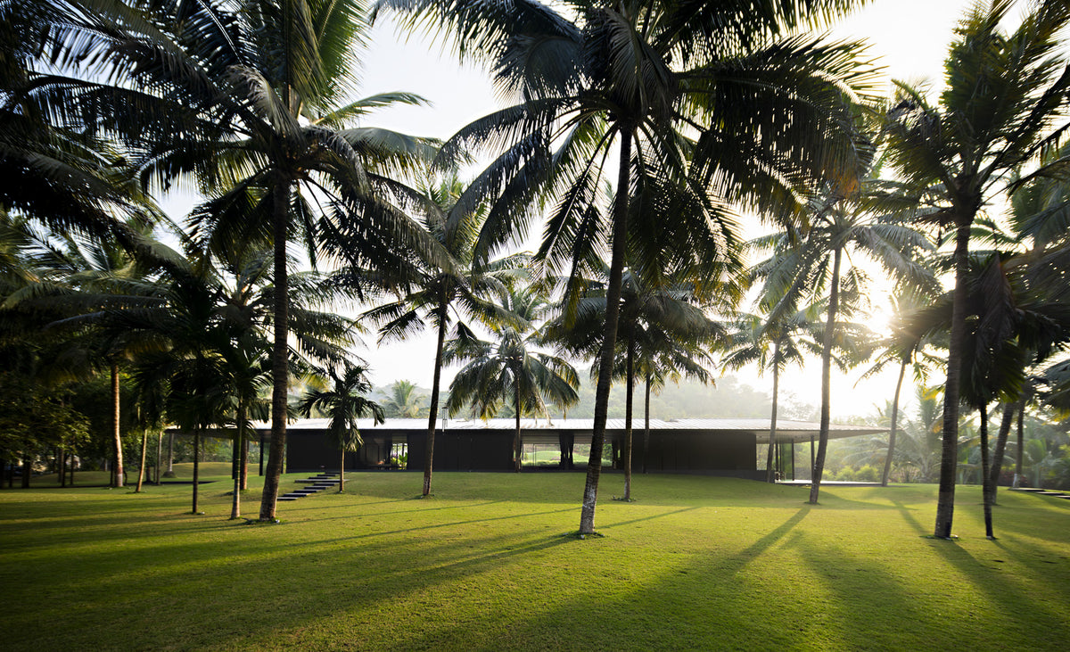 Parikrama House, a low dark bar under coconut palms, seen across the sunlit lawn at Nandgaon