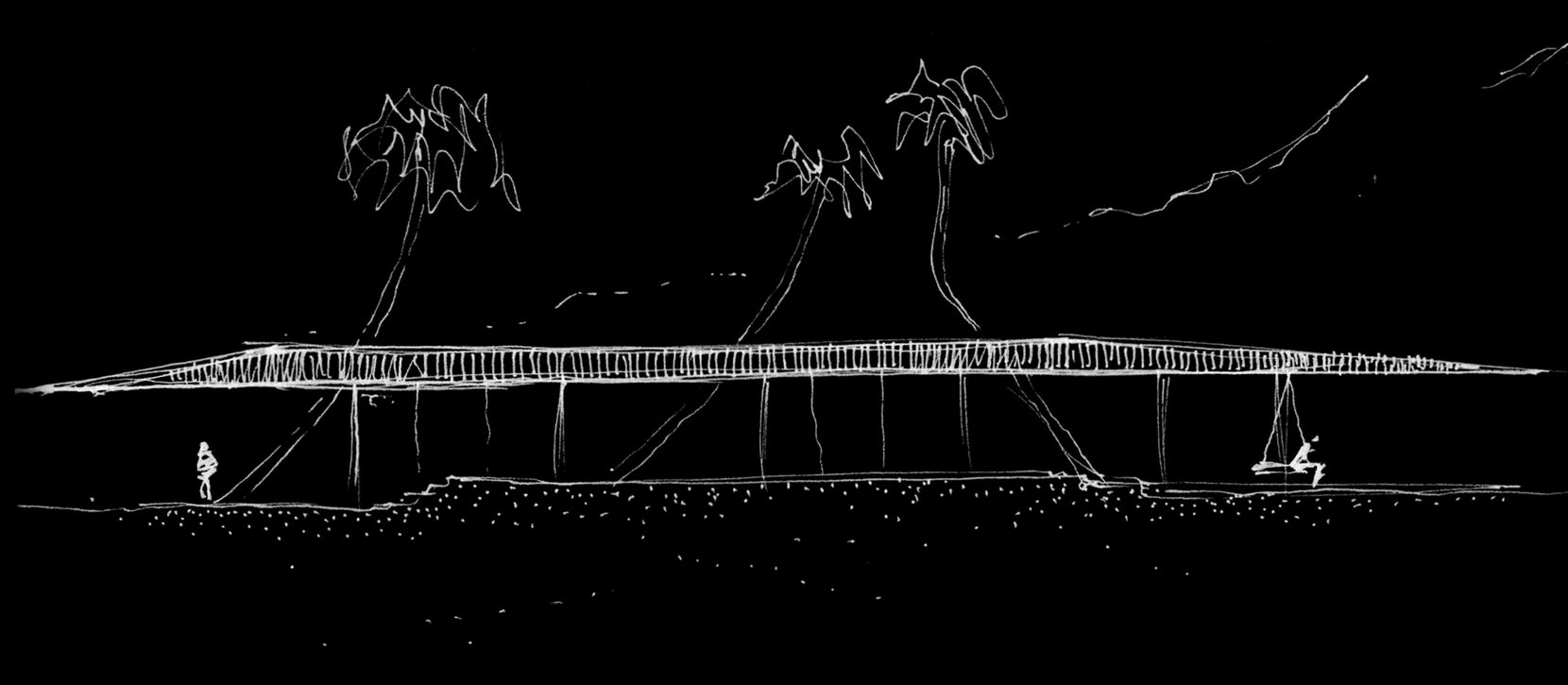 Sketch elevation in white line, the long roof floating between palms above a figure and swing