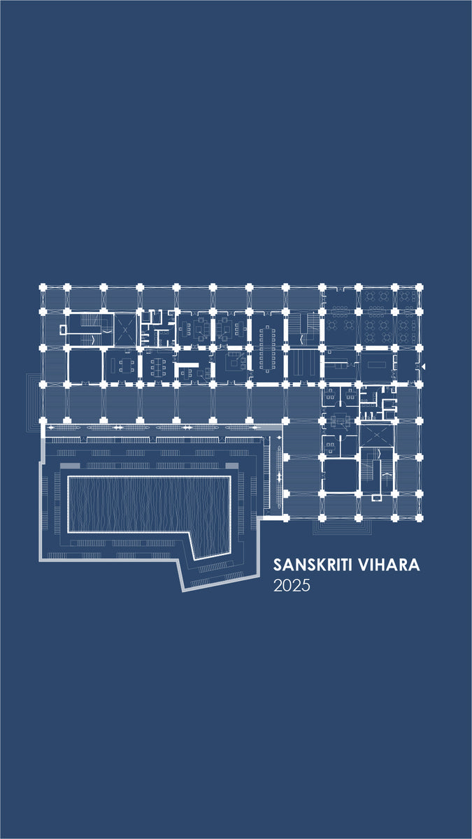 Floor plan in white on blue, labelled Sanskriti Vihara 2025, with the auditorium at lower left