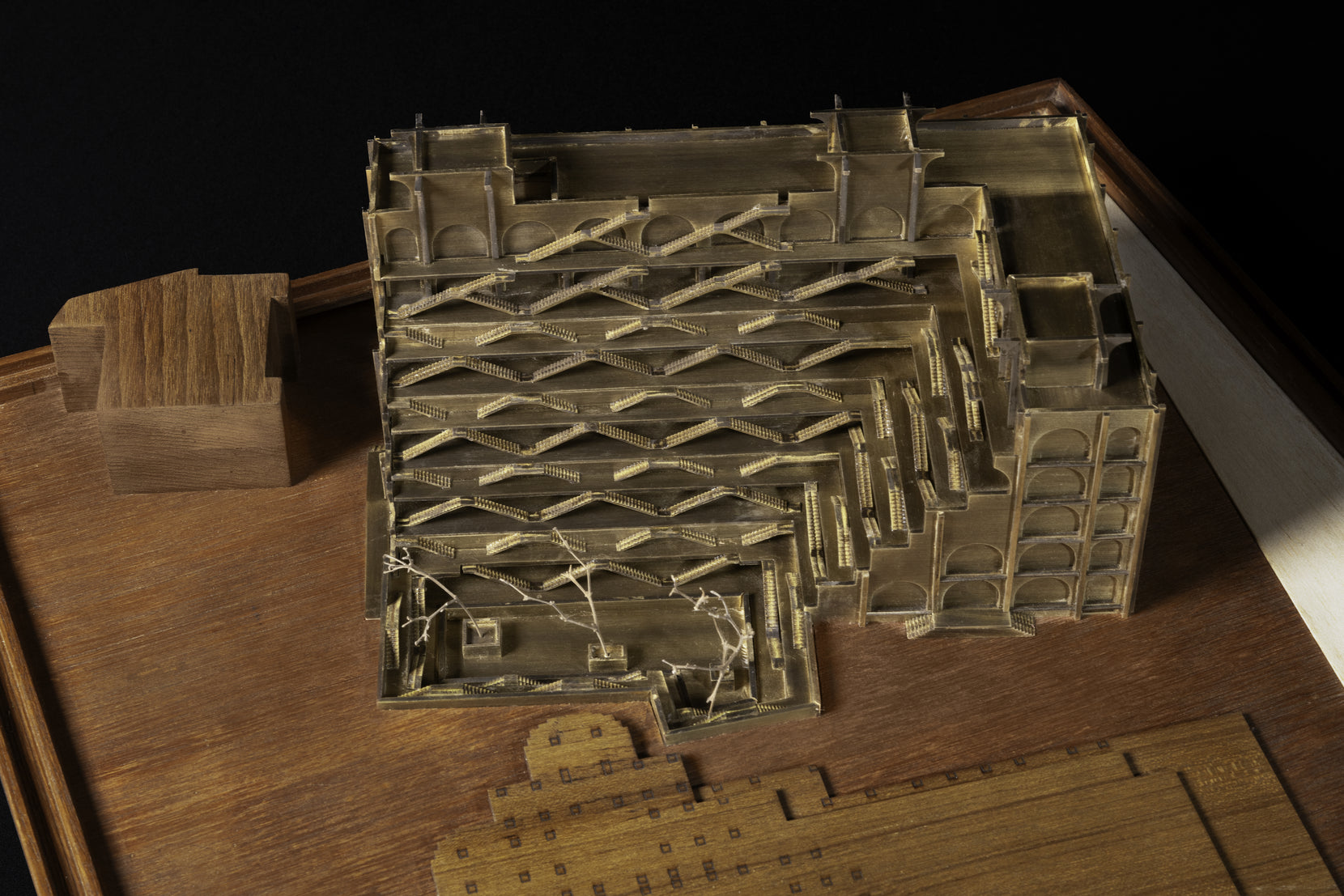 Study model seen obliquely from above, the stair lattice reading as a diagonal mesh
