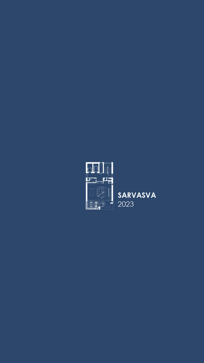 Floor plan of Sarvasva drawn in white on a blue plate, labelled with the year 2023