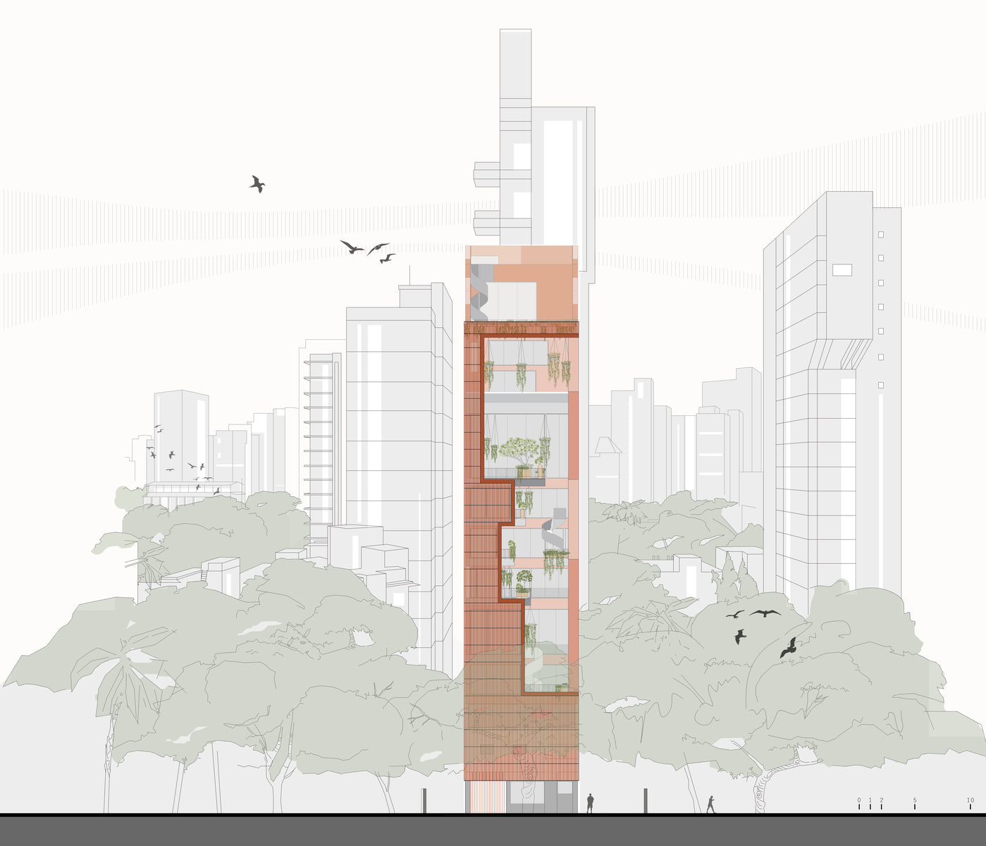 Sectional elevation showing the planted terraces against a drawn Mumbai skyline and treetops