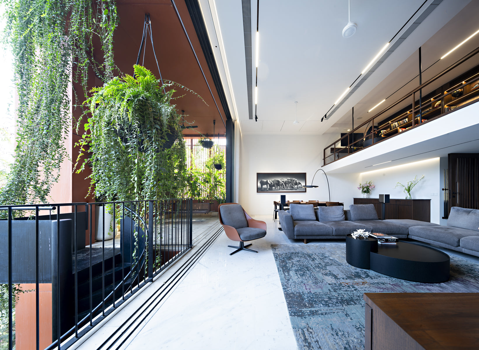 Double-height living room opening to a balcony of hanging ferns, with a mezzanine gallery above