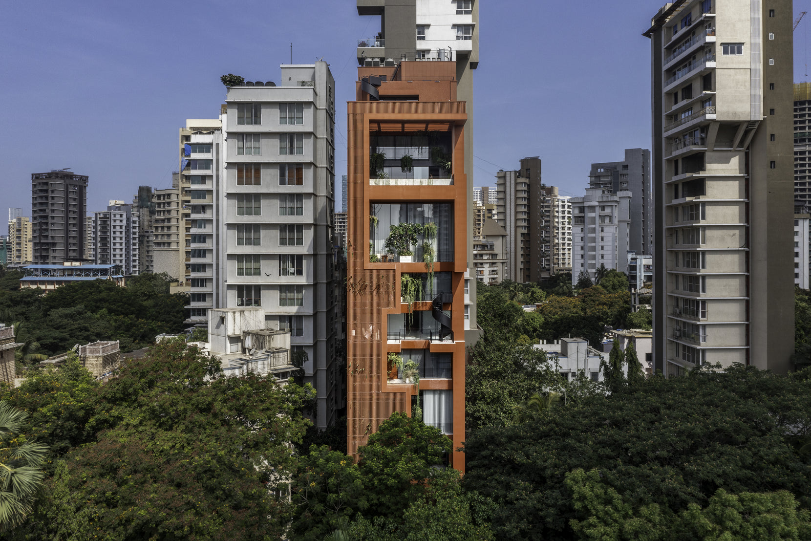 Sarvasva standing slim between neighbouring blocks, its terracotta face stepped with planted voids