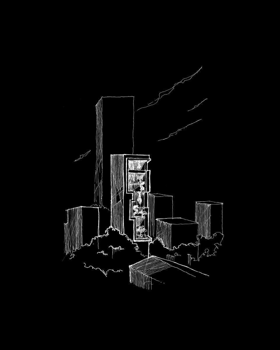 Concept sketch in white on black of the tower's carved terrace void among neighbouring buildings