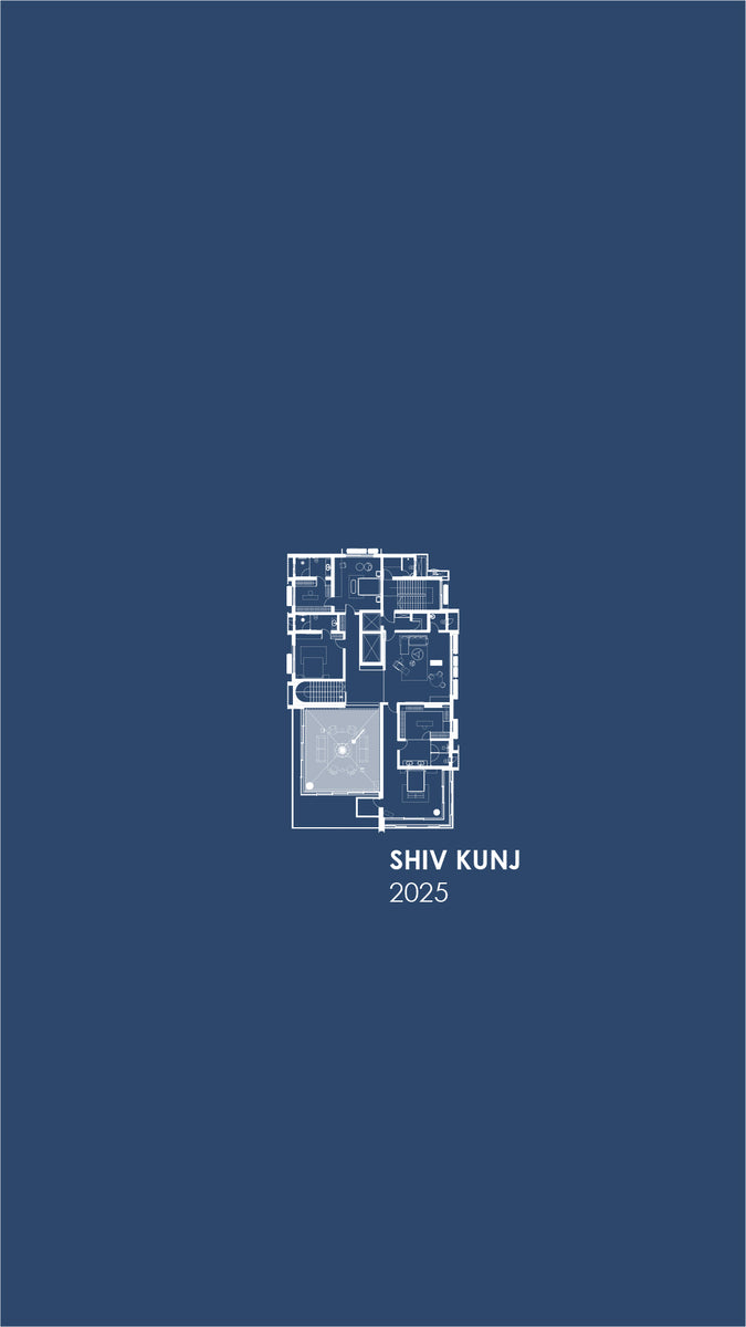 Floor plan of Shiv Kunj drawn white on blue, showing one apartment level and its terrace