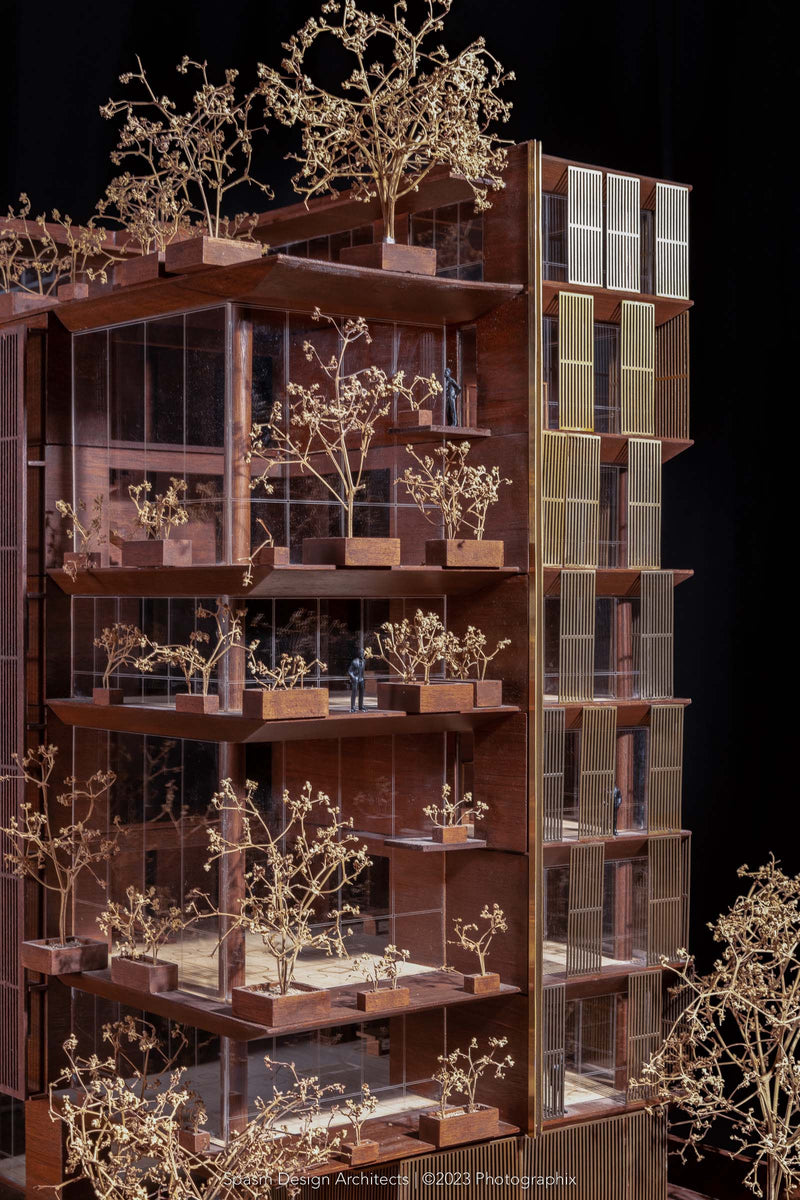 Physical study model in timber and brass, each floor terrace planted with wire trees