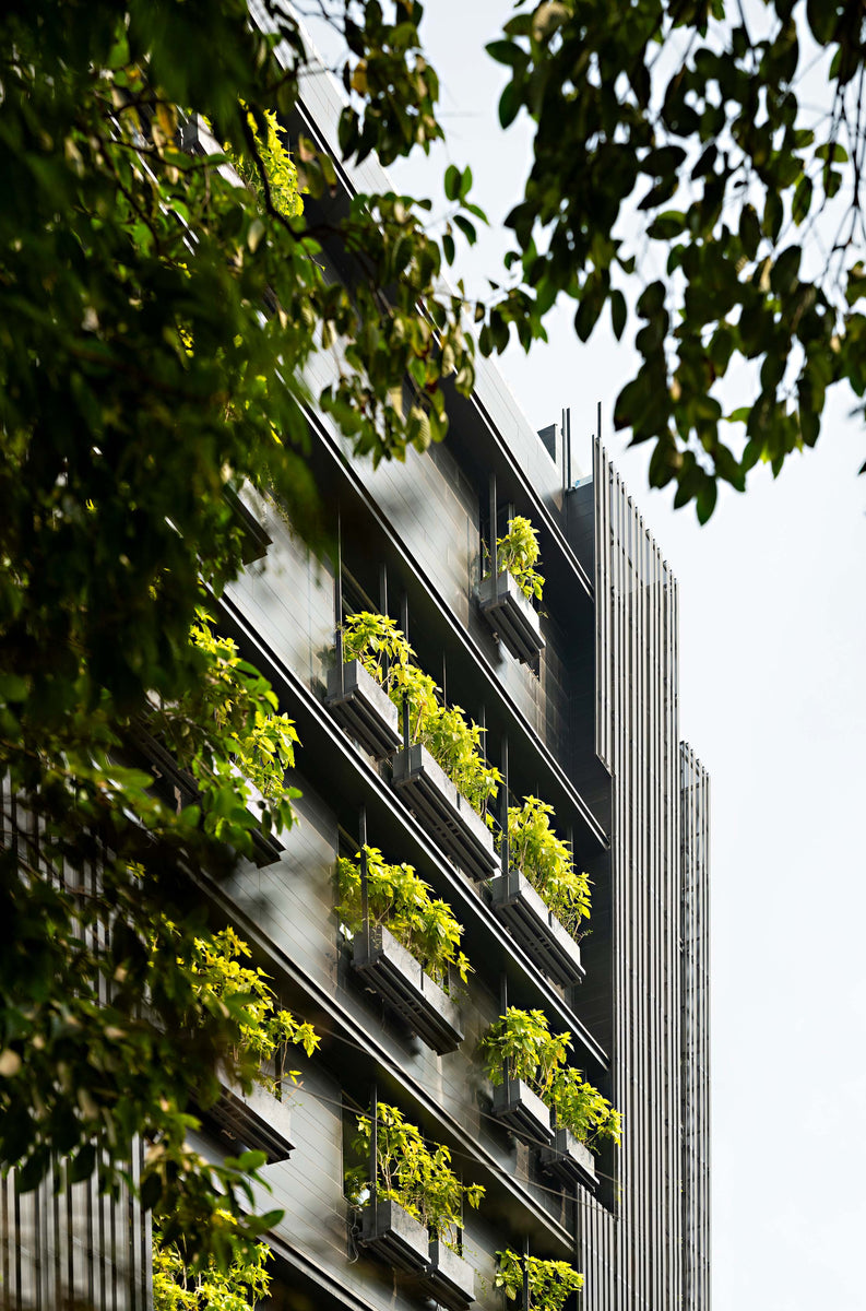 Facade of stacked planters and vertical fins seen through overhanging branches