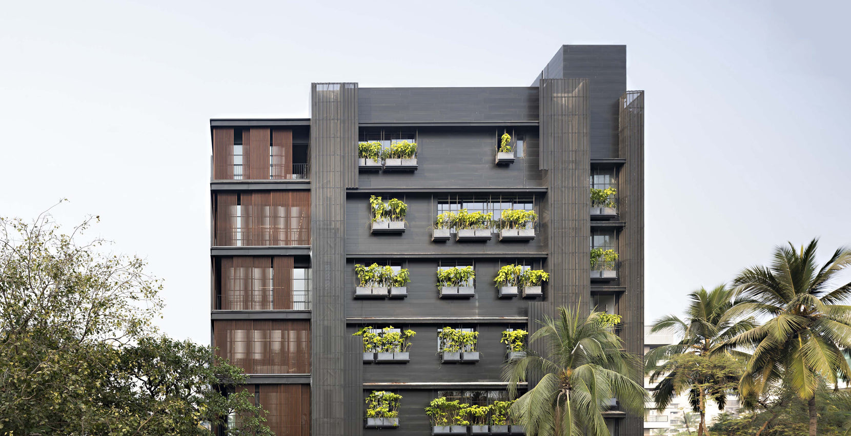 Charcoal-clad elevation with rows of window planters and sliding timber screens, palms alongside