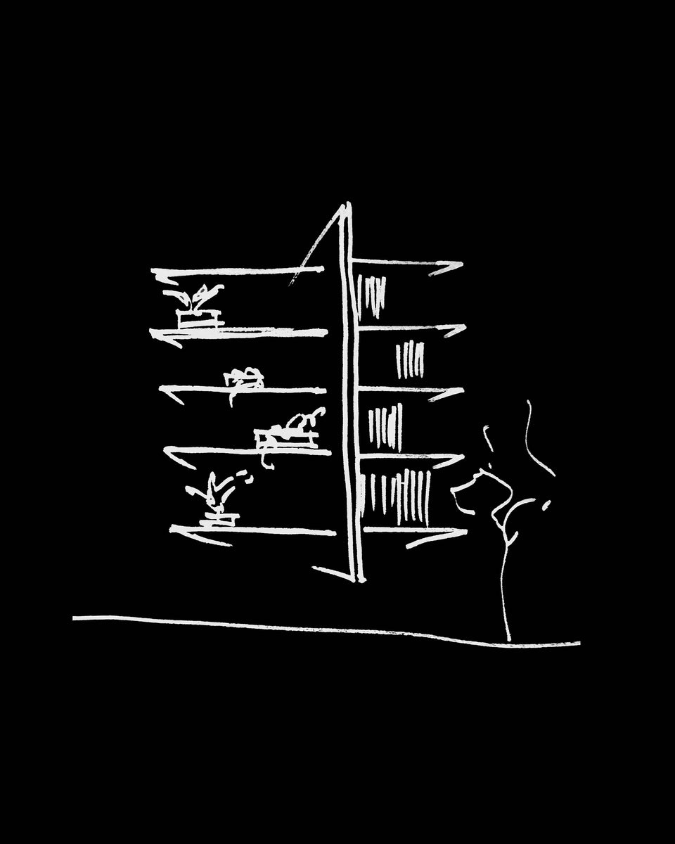 Concept sketch of the living slabs stacked in section, figures inhabiting each terrace