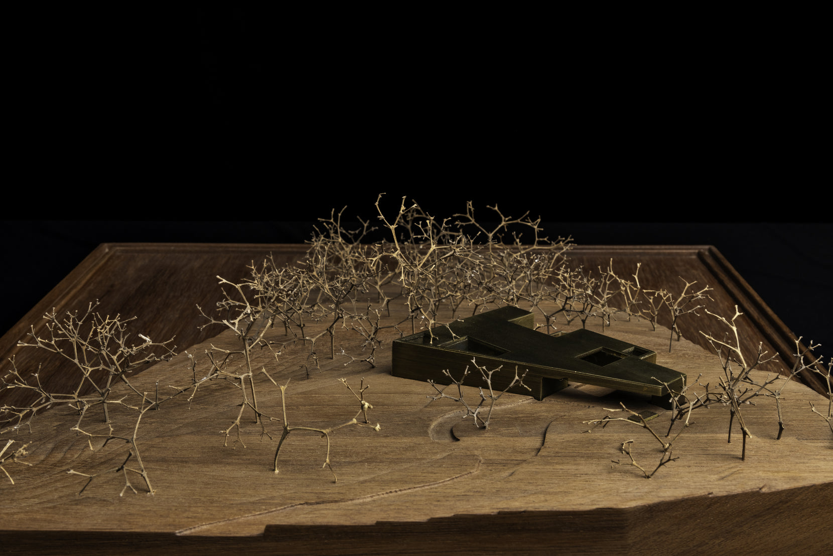 Physical model on a timber base with wire trees, the house sitting low on the ridge