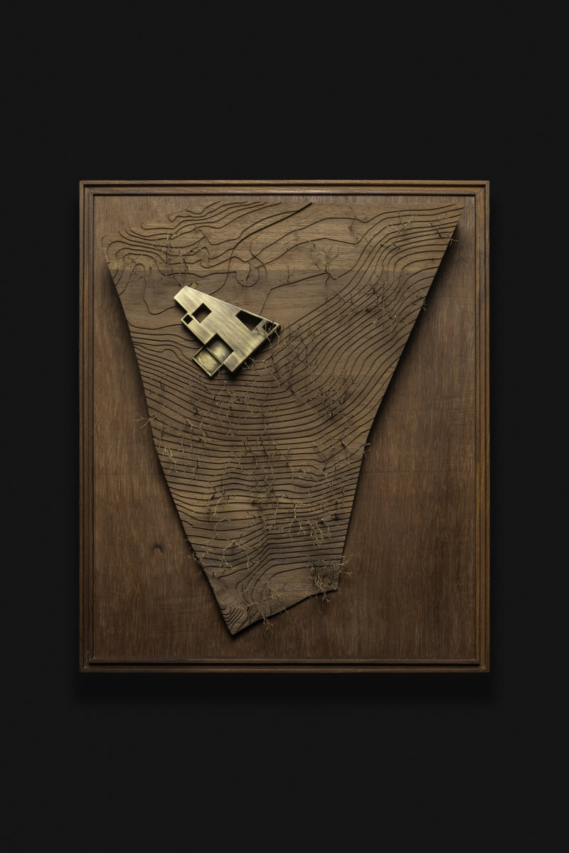 Framed contour model with the brass plan of the house set on the carved slope