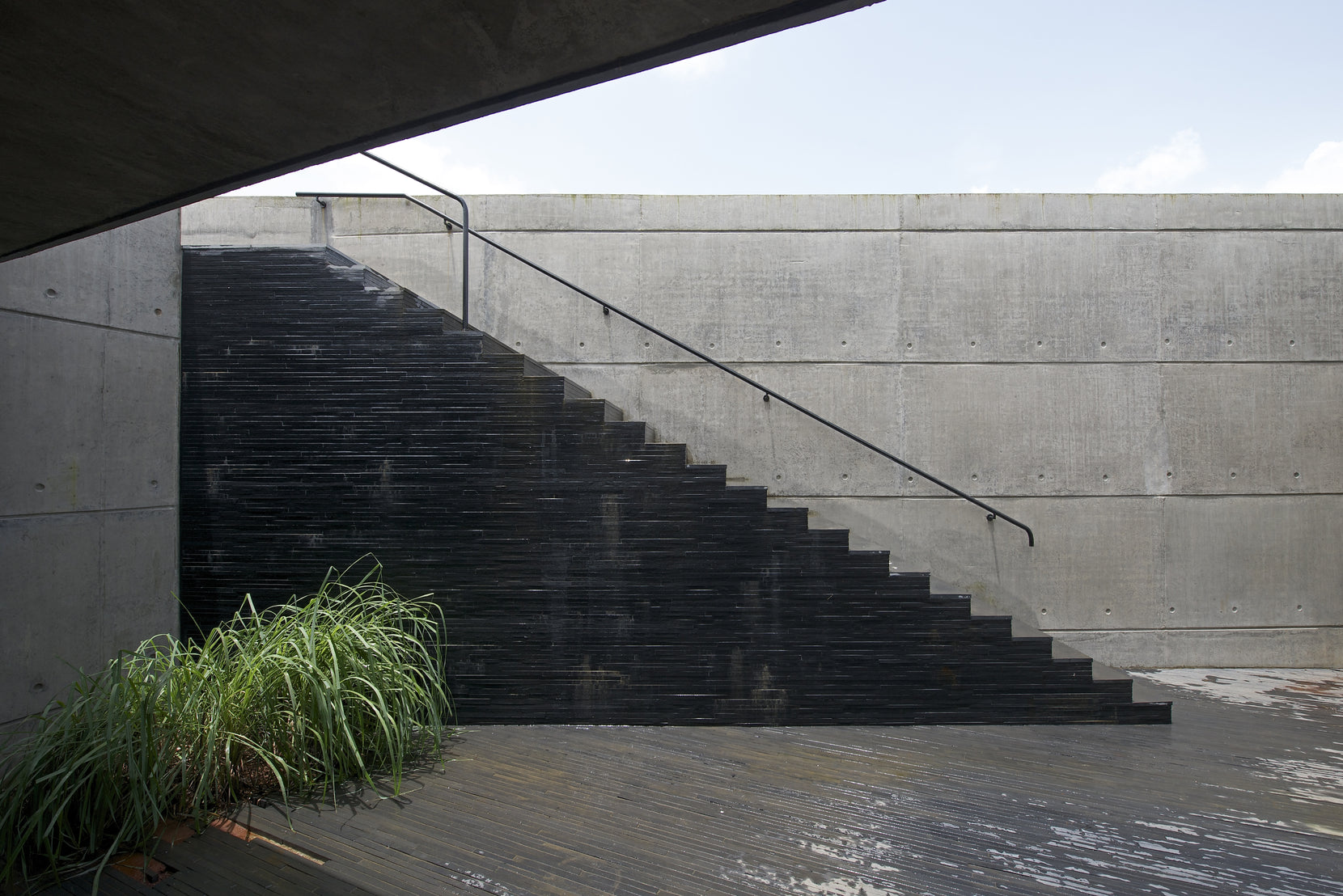 Black basalt stair rising against a board-marked concrete wall beside a clump of grass