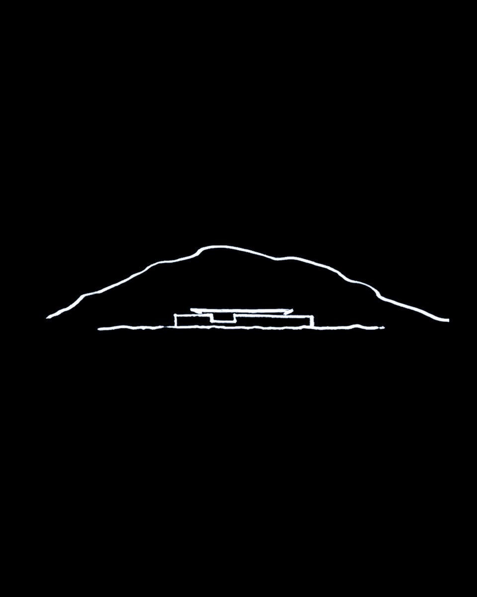 Single-line sketch of the low house set against the profile of the hill behind
