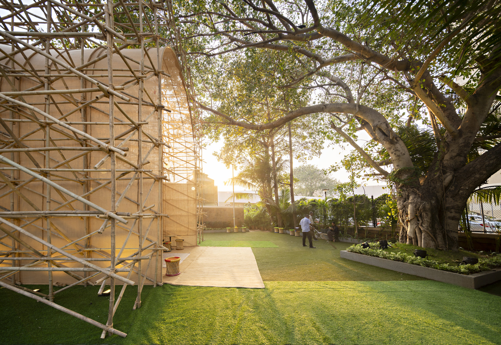 Bamboo scaffold cage lit from within at dusk, the installation's title board standing at left