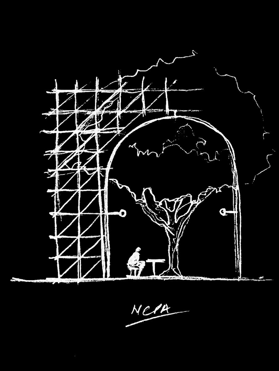 Concept sketch of the arched opening with a tree and seated figure, annotated NCPA